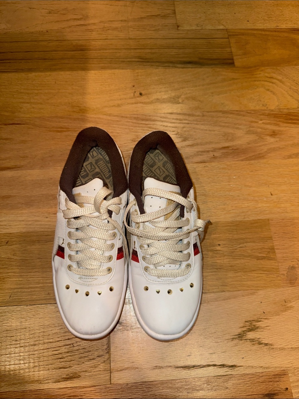 Puma White Sneakers with Brown Collar and Red Stripe Accents